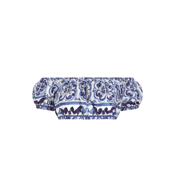 Crop top DOLCE & GABBANA popeline coton imprimé majolica blanc bleu