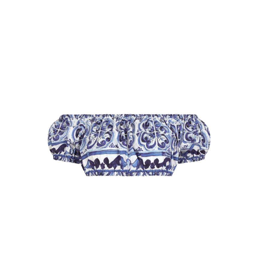 Crop top DOLCE & GABBANA popeline coton imprimé majolica blanc bleu