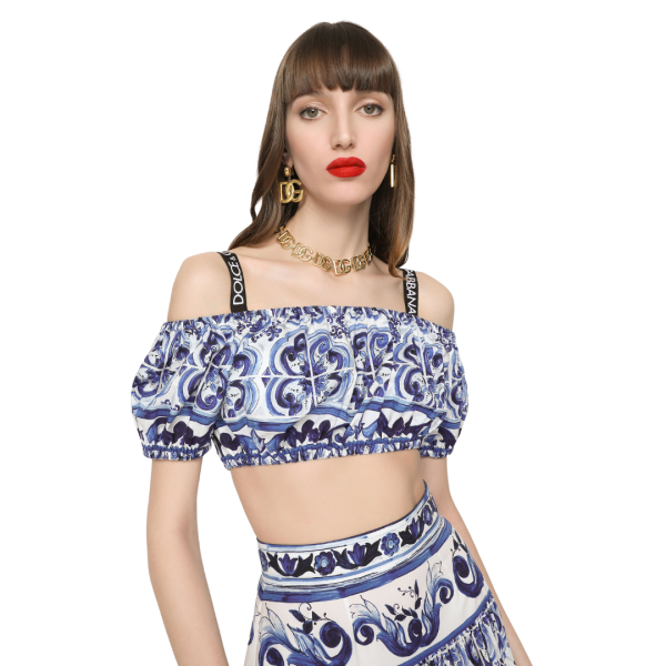 Crop top DOLCE & GABBANA popeline coton imprimé majolica blanc bleu