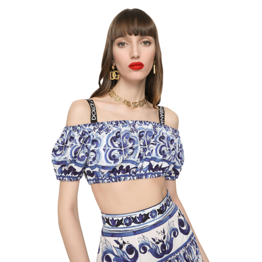 Crop top DOLCE & GABBANA popeline coton imprimé majolica blanc bleu