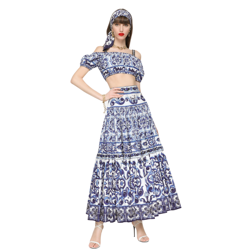 Crop top DOLCE & GABBANA popeline coton imprimé majolica blanc bleu