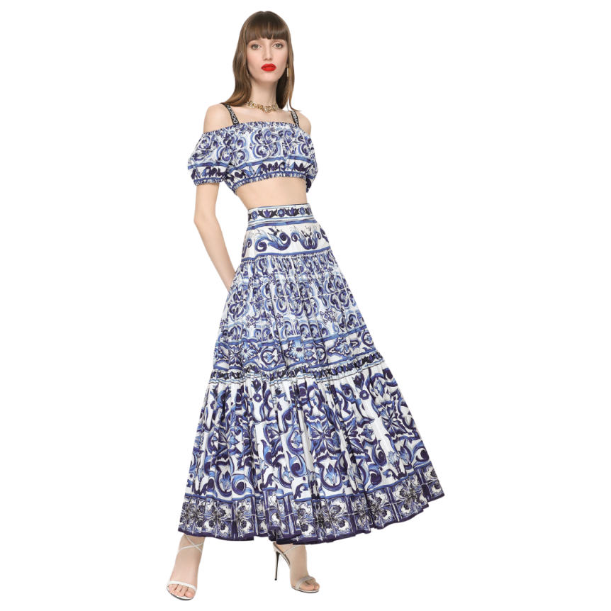 Crop top DOLCE & GABBANA popeline coton imprimé majolica blanc bleu