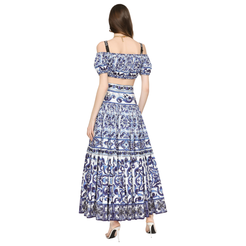 Crop top DOLCE & GABBANA popeline coton imprimé majolica blanc bleu