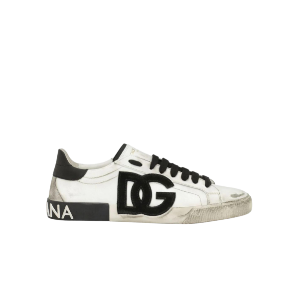 Baskets basses DOLCE & GABBANA Portofino cuir blanc effet usé DG Noir