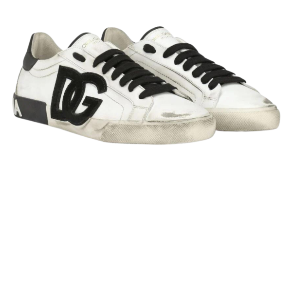 Baskets basses DOLCE & GABBANA Portofino cuir blanc effet usé DG Noir