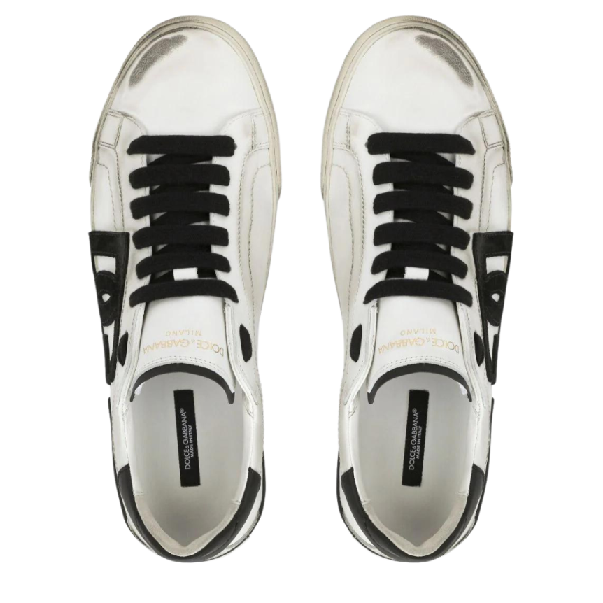 Baskets basses DOLCE & GABBANA Portofino cuir blanc effet usé DG Noir