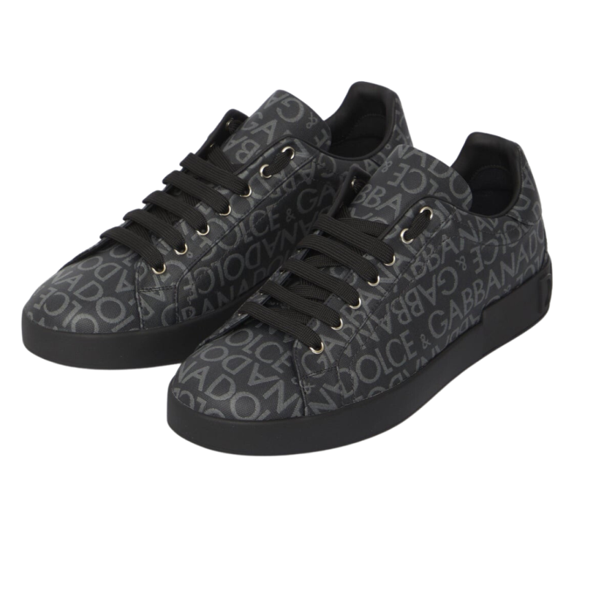 baskets DOLCE & GABBANA Portofino cuir noir logo Jacquard gris