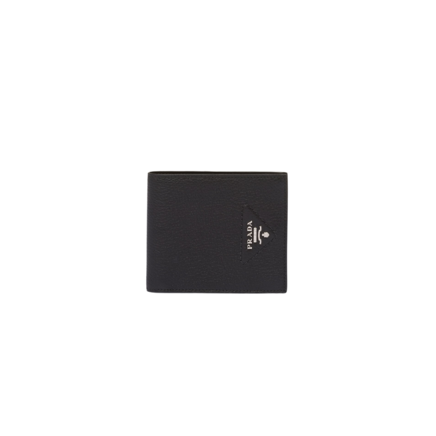 Porte-cartes PRADA 2 volets en cuir grainé noir logo blanc
