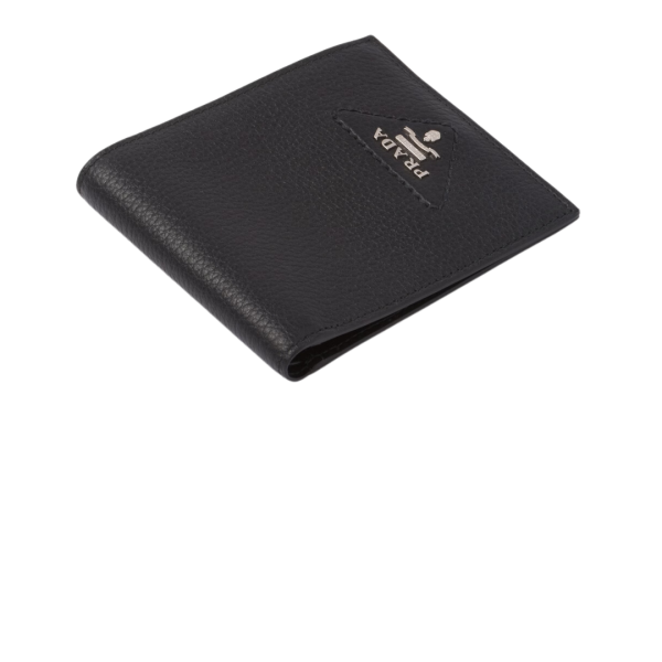 Porte-cartes PRADA 2 volets en cuir grainé noir logo blanc