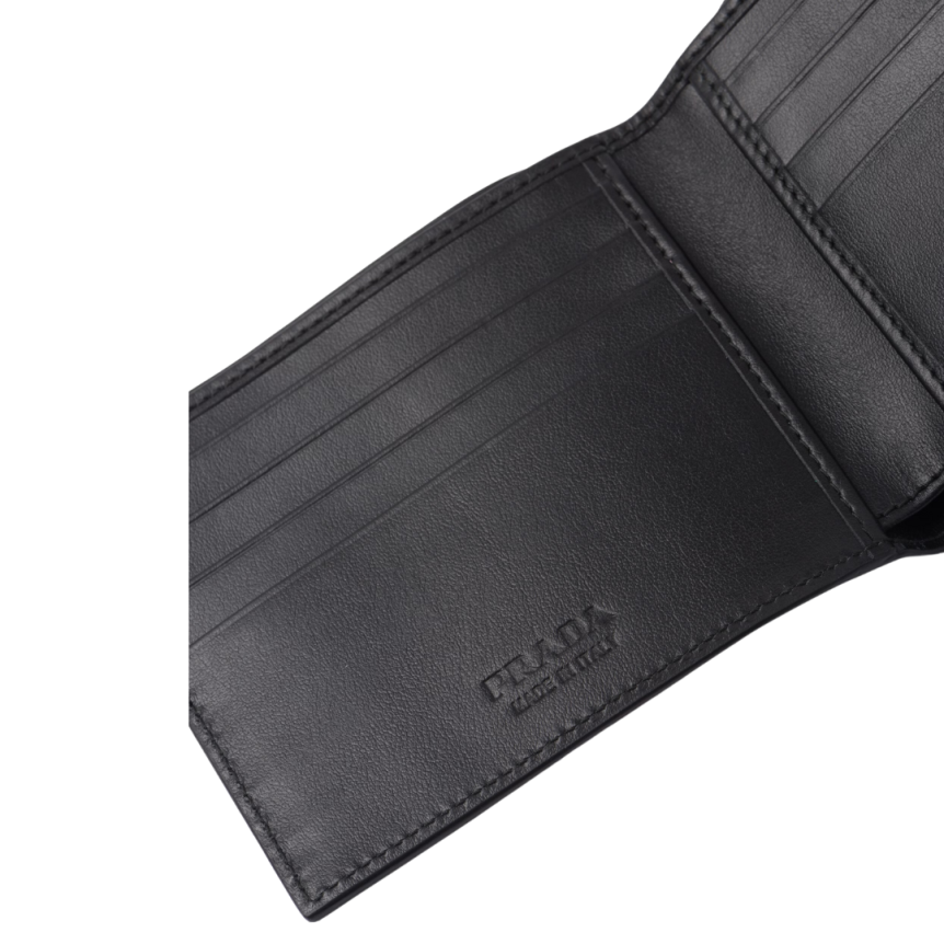 Porte-cartes PRADA 2 volets en cuir grainé noir logo blanc