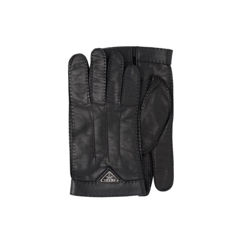 Gants PRADA cuir noir logo métal