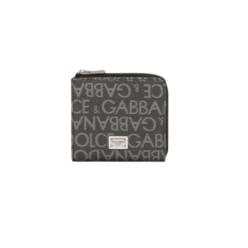 Porte carte DOLCE & GABBANA double zip jacquard noir logo argenté