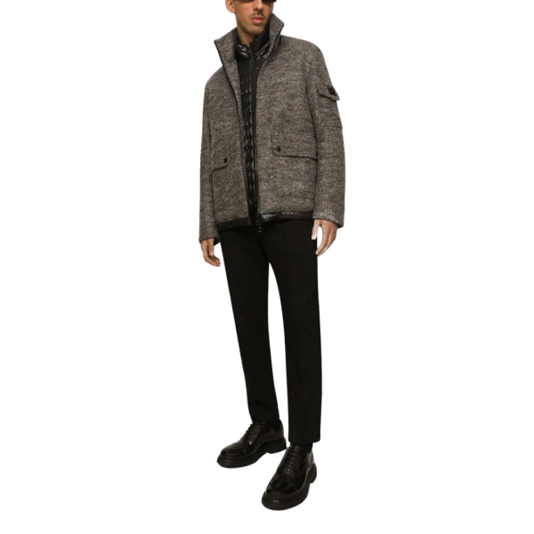 Dolce Gabbana Veste zippée en laine tweed gris plaque logo DG