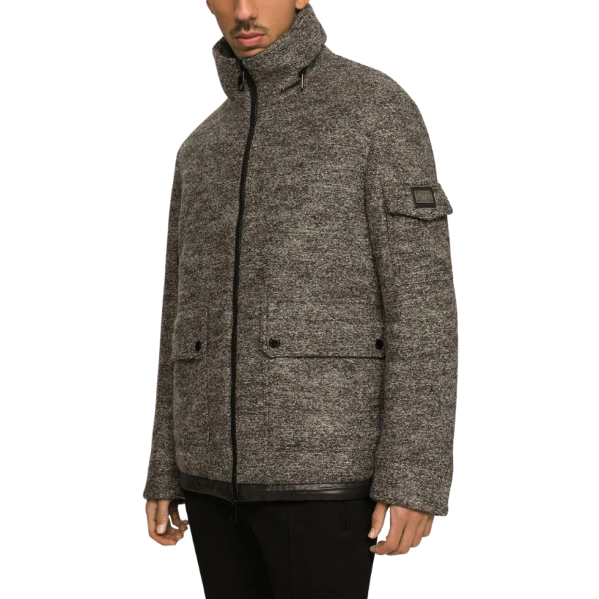 Dolce Gabbana Veste zippée en laine tweed gris plaque logo DG