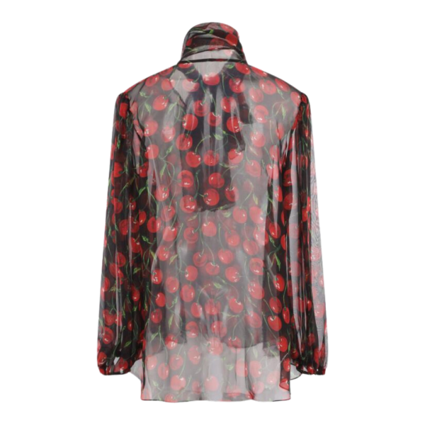 Blouse DOLCE  & GABBANA col lavallière crêpe de chine noire imprimé cerises