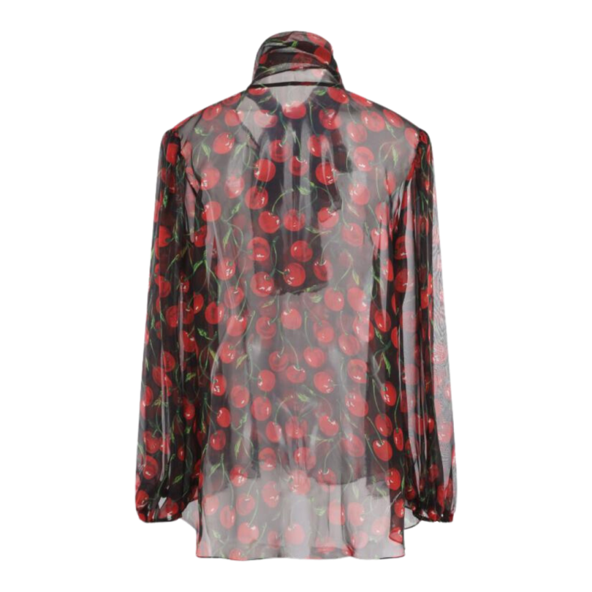 Blouse DOLCE  & GABBANA col lavallière crêpe de chine noire imprimé cerises
