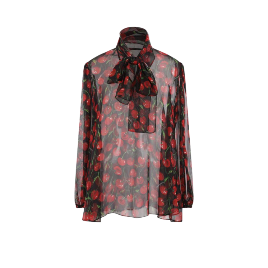Blouse DOLCE  & GABBANA col lavallière crêpe de chine noire imprimé cerises