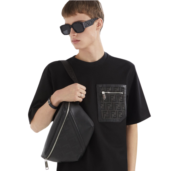 Sac banane cuir Fendi Shadow noir motif FF texture rayée