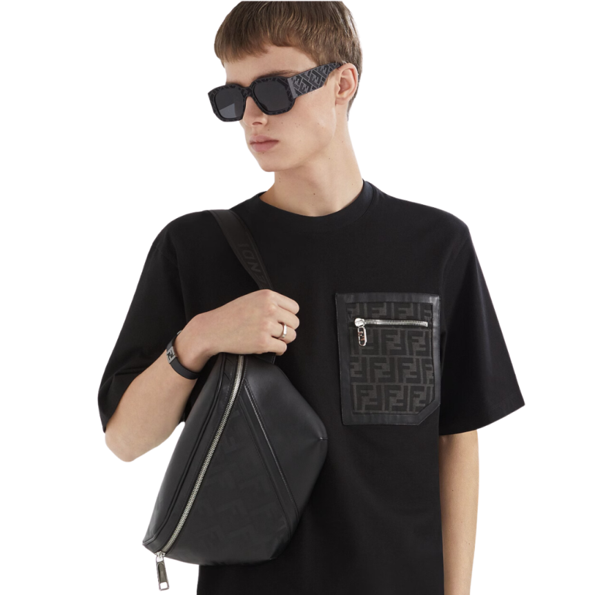 Sac banane cuir Fendi Shadow noir motif FF texture rayée