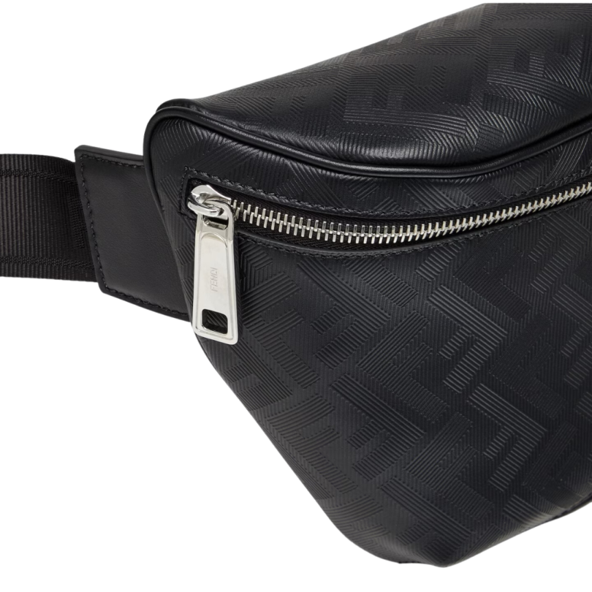 Sac banane cuir Fendi Shadow noir motif FF texture rayée