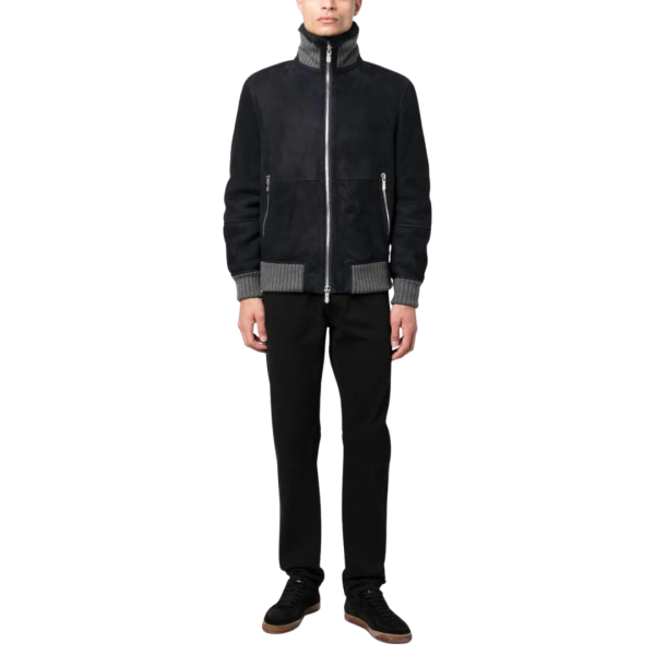 Blouson peau lainée bleu marine bord côtelé gris-brunello-cucinelli