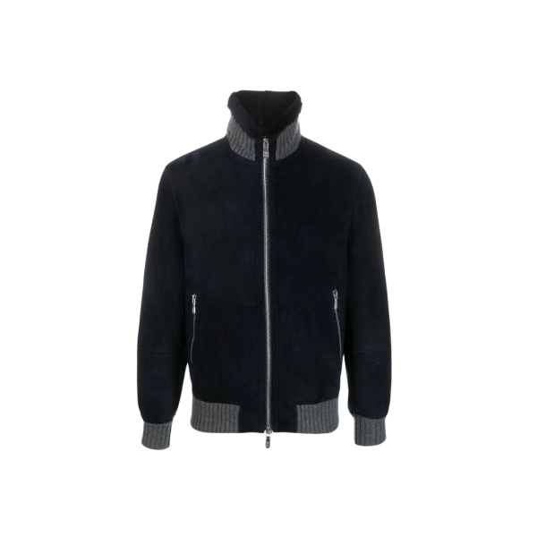 Blouson peau lainée bleu marine bord côtelé gris-brunello-cucinelli