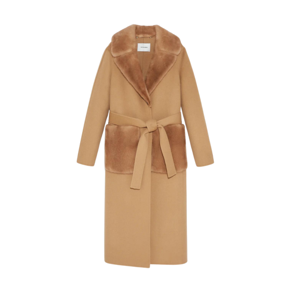 Manteau long Yves Salomon beige col et poches Vison