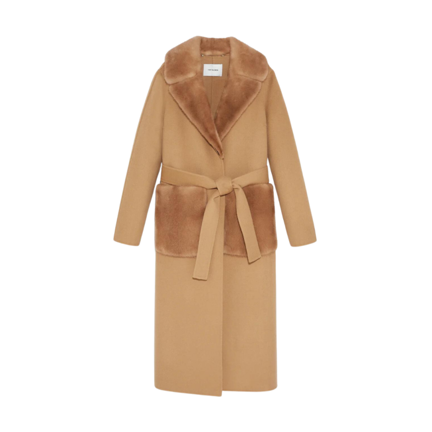Manteau long Yves Salomon beige col et poches Vison