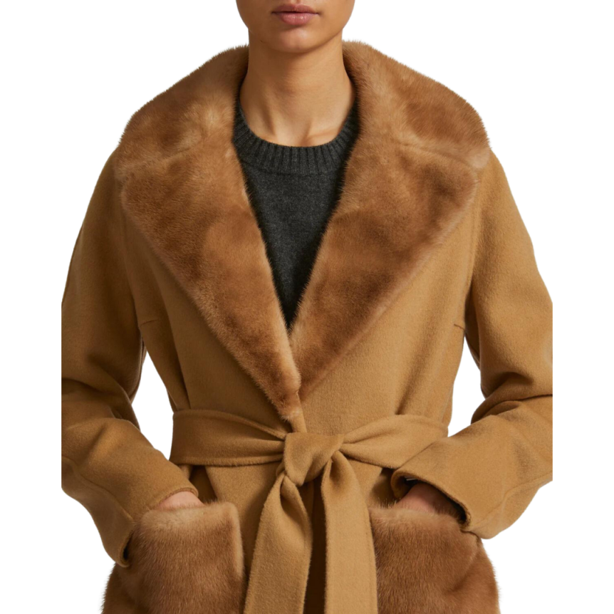 Manteau long Yves Salomon beige col et poches Vison
