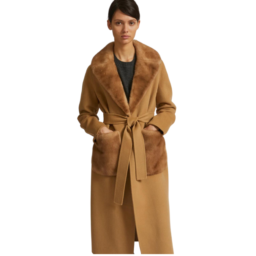 Manteau long Yves Salomon beige col et poches Vison