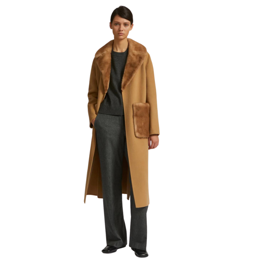 Manteau long Yves Salomon beige col et poches Vison