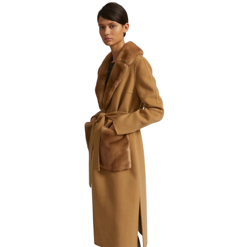 Manteau long Yves Salomon beige col et poches Vison