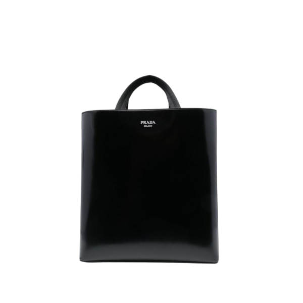 Sac cabas PRADA Spazzolato cuir noir logo blanc