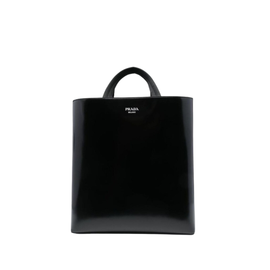 Sac cabas PRADA Spazzolato cuir noir logo blanc