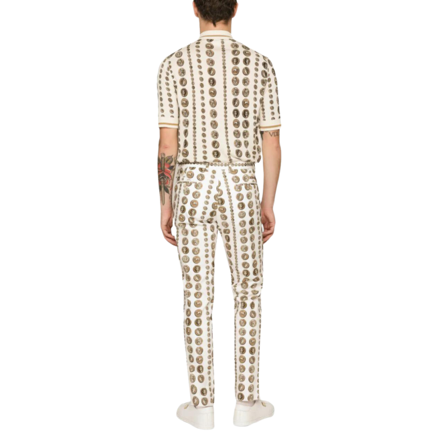 Pull DOLCE & GABBANA manche courte col polo soie écru pièces de monnaie