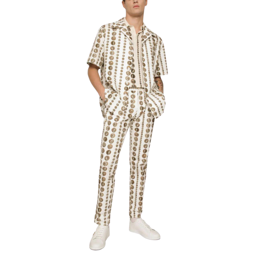 Pull DOLCE & GABBANA manche courte col polo soie écru pièces de monnaie