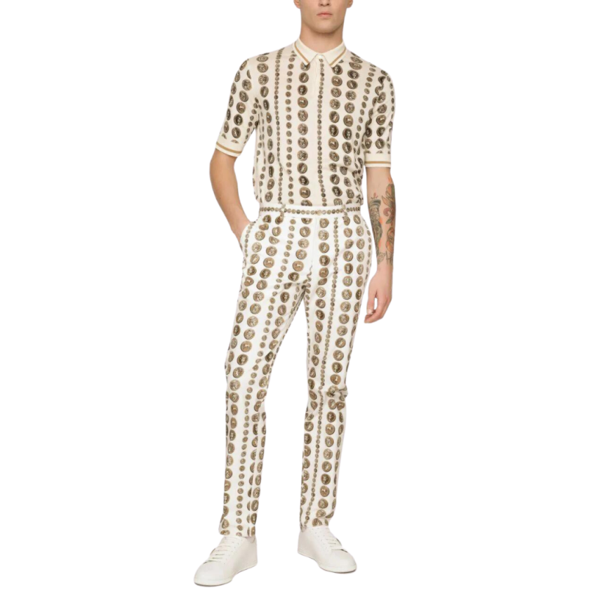 Pull DOLCE & GABBANA manche courte col polo soie écru pièces de monnaie