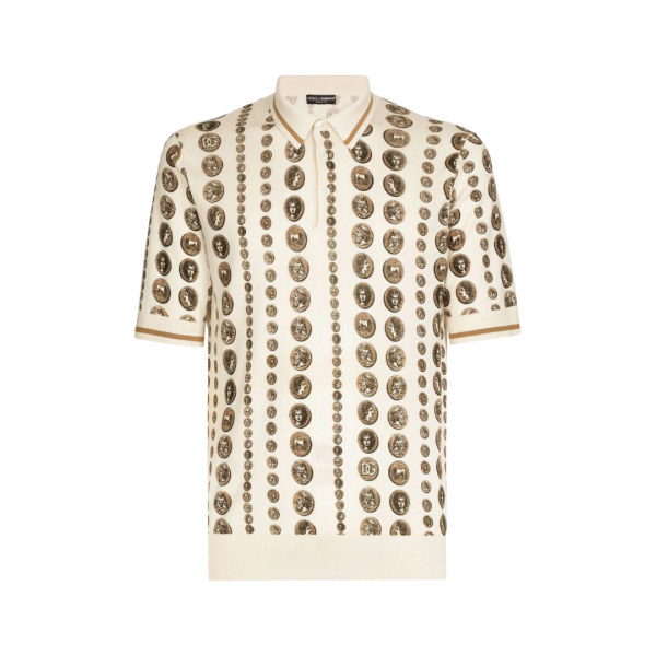 Pull DOLCE & GABBANA manche courte col polo soie écru pièces de monnaie