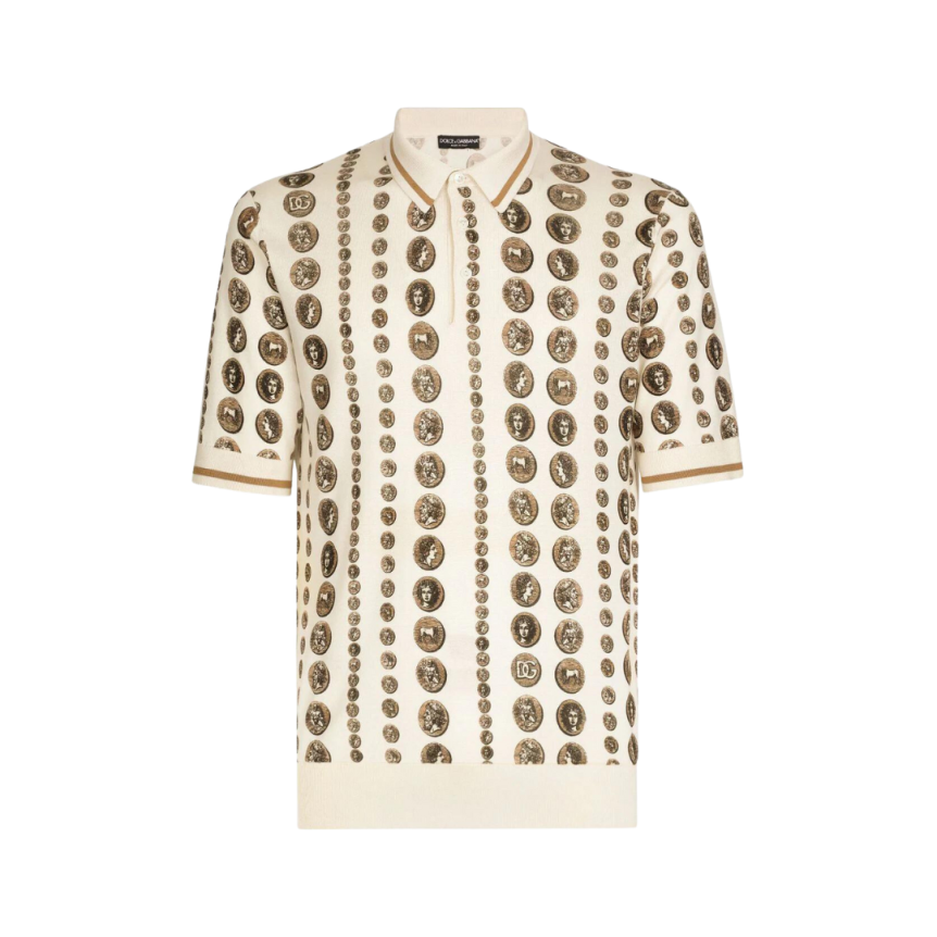 Pull DOLCE & GABBANA manche courte col polo soie écru pièces de monnaie