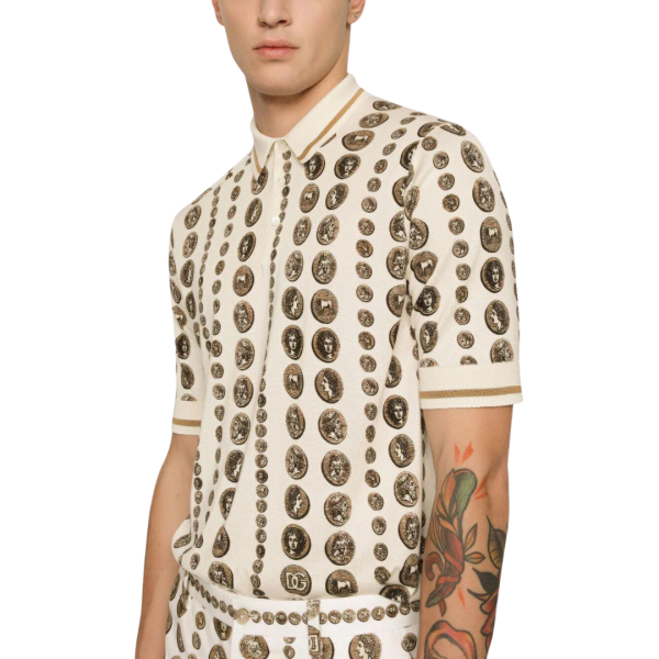 Pull DOLCE & GABBANA manche courte col polo soie écru pièces de monnaie