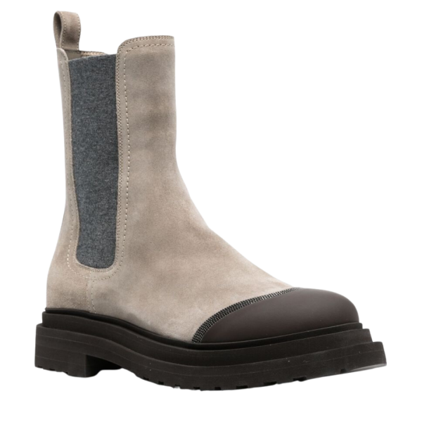 Bottines Chelsea BRUNELLO CUCINELLI daim taupe bout fleuri marron