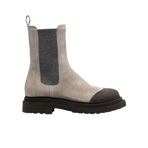 Bottines Chelsea BRUNELLO CUCINELLI daim taupe bout fleuri marron