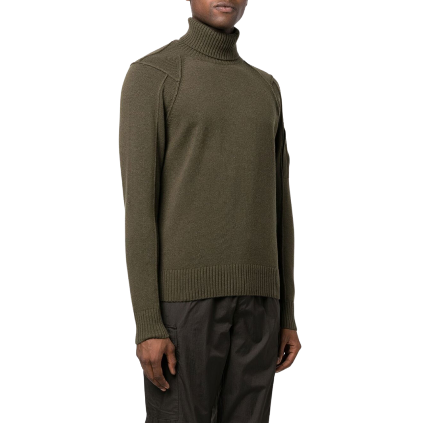 Pull col roulé CP COMPANY maille laine polyamide Kaki lunettes manche