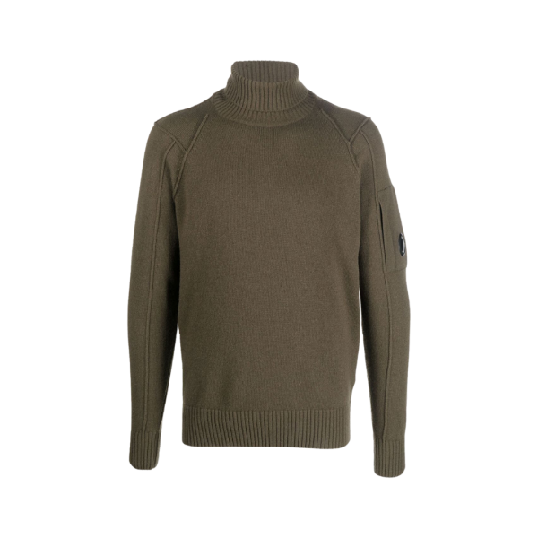 Pull col roulé CP COMPANY maille laine polyamide Kaki lunettes manche