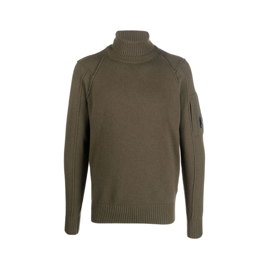 Pull col roulé CP COMPANY maille laine polyamide Kaki lunettes manche