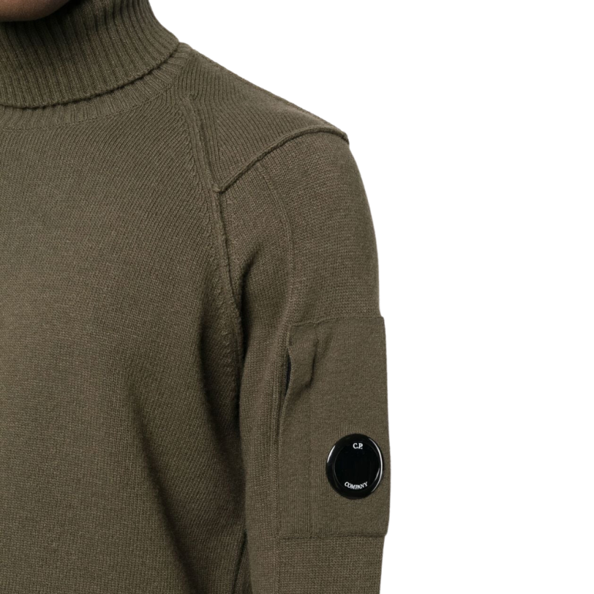 Pull col roulé CP COMPANY maille laine polyamide Kaki lunettes manche