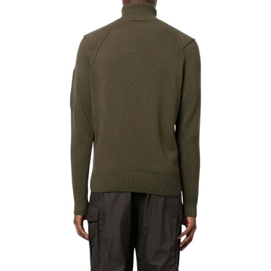 Pull col roulé CP COMPANY maille laine polyamide Kaki lunettes manche