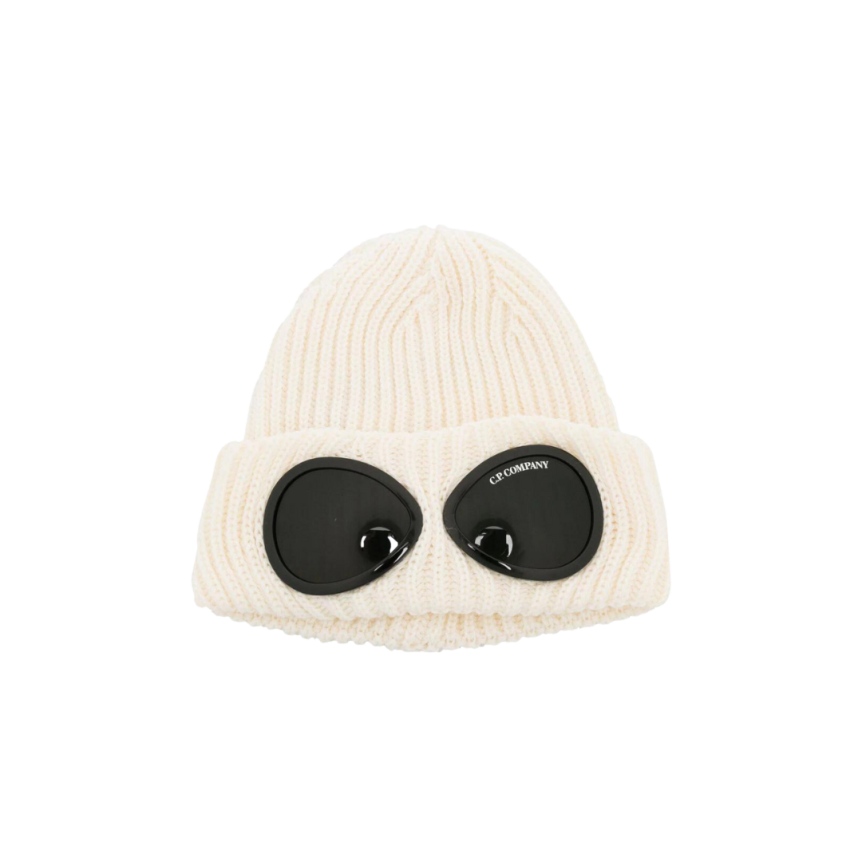 Bonnet CP COMPANY laine côtelée écrue lunettes