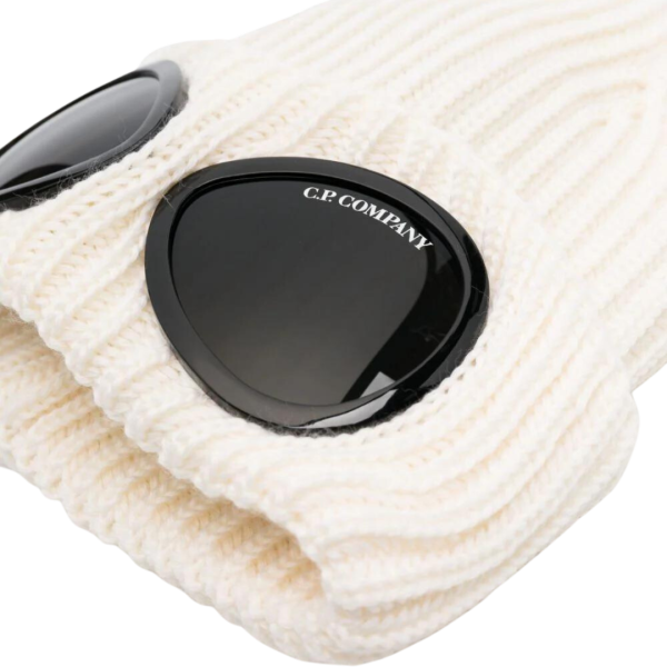 Bonnet CP COMPANY laine côtelée écrue lunettes