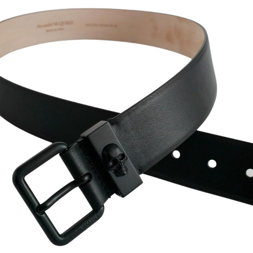Ceinture ALEXANDER MCQUEEN cuir noir boucle métal noir tête de mort